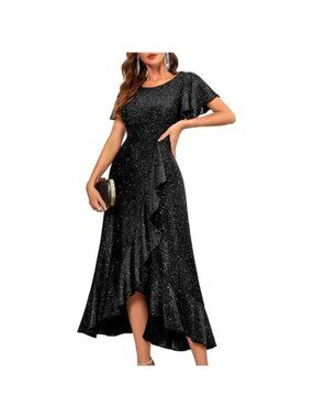 Women's Sequin Formal Dress Flutter Short Sleeve Wedding Cocktail Long Dress